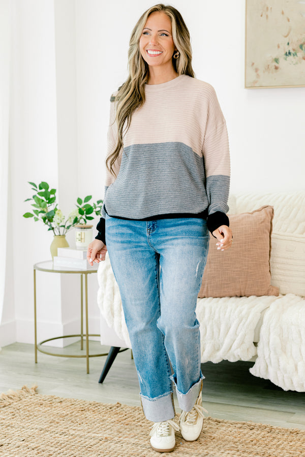 Chic Soul plus size clothing, tan to grey to black color blocked long sleeve crewneck sweater