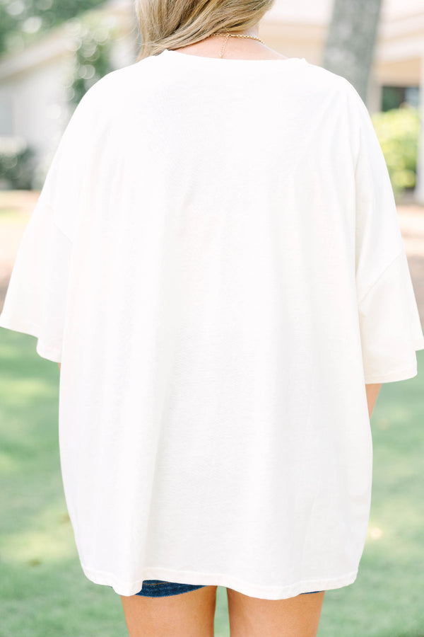 Plus size ivory oversized boyfriend tee with a vintage strawberry farmer's market graphic.