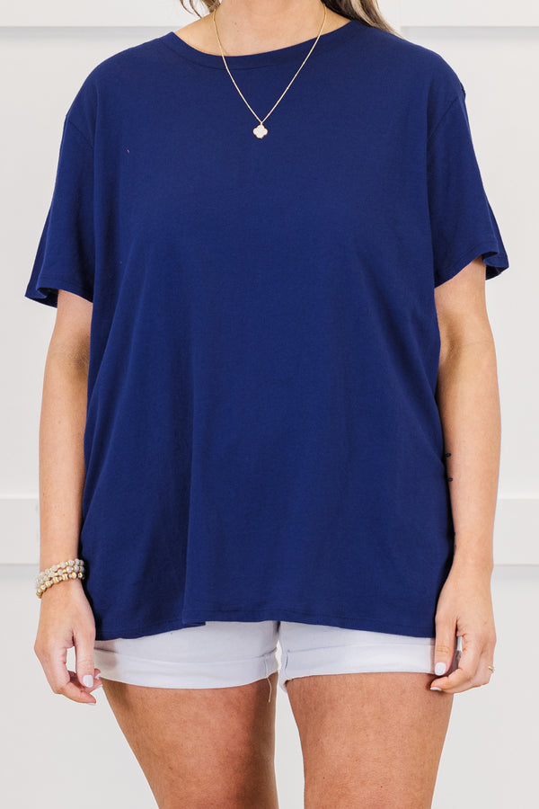Chic Soul plus size clothing, short-sleeve light navy blue top with a high-scoop-neckline 