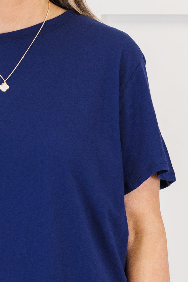 Chic Soul plus size clothing, short-sleeve light navy blue top with a high-scoop-neckline 