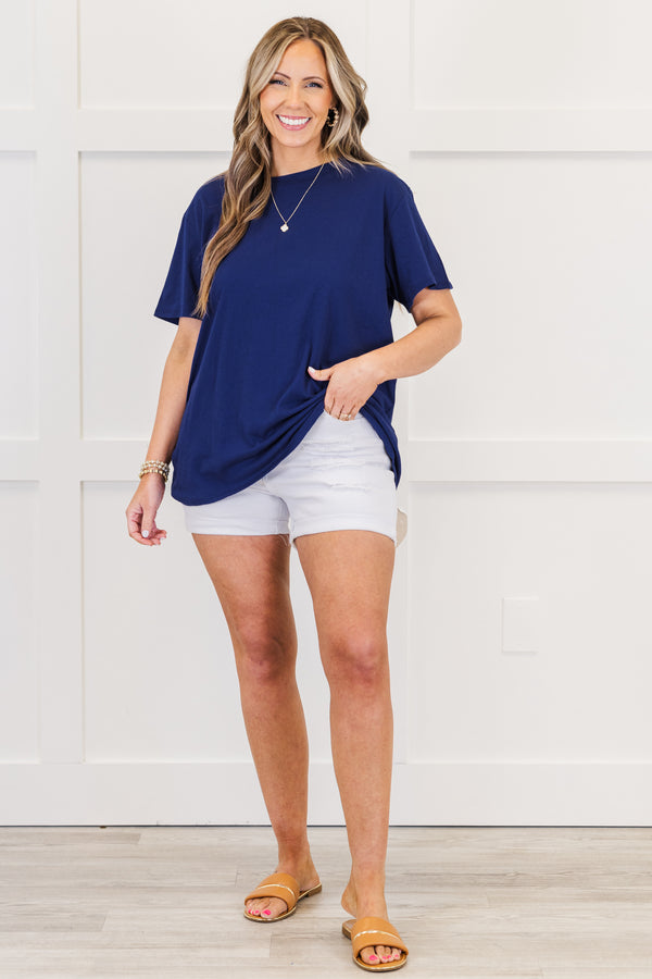 Chic Soul plus size clothing, short-sleeve light navy blue top with a high-scoop-neckline 