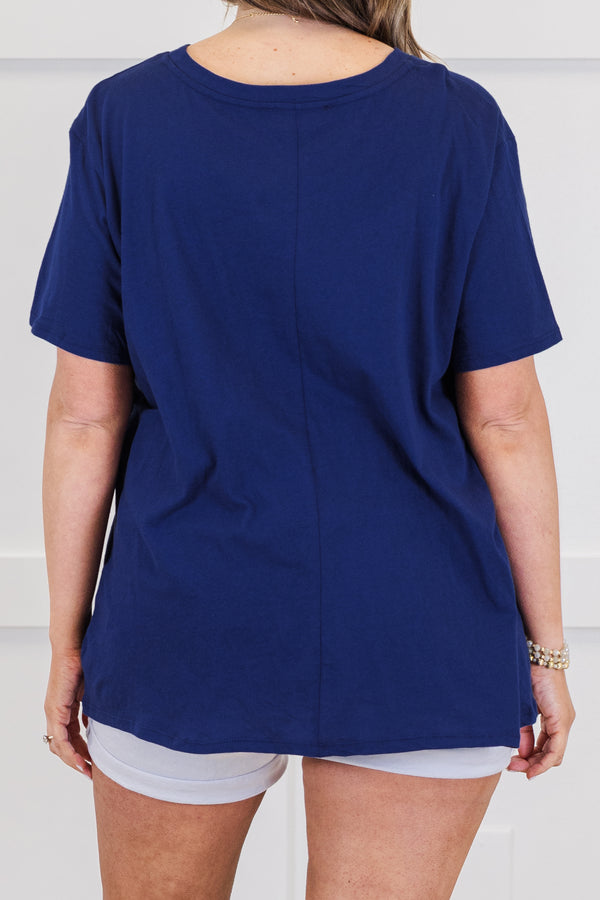 Chic Soul plus size clothing, short-sleeve light navy blue top with a high-scoop-neckline 