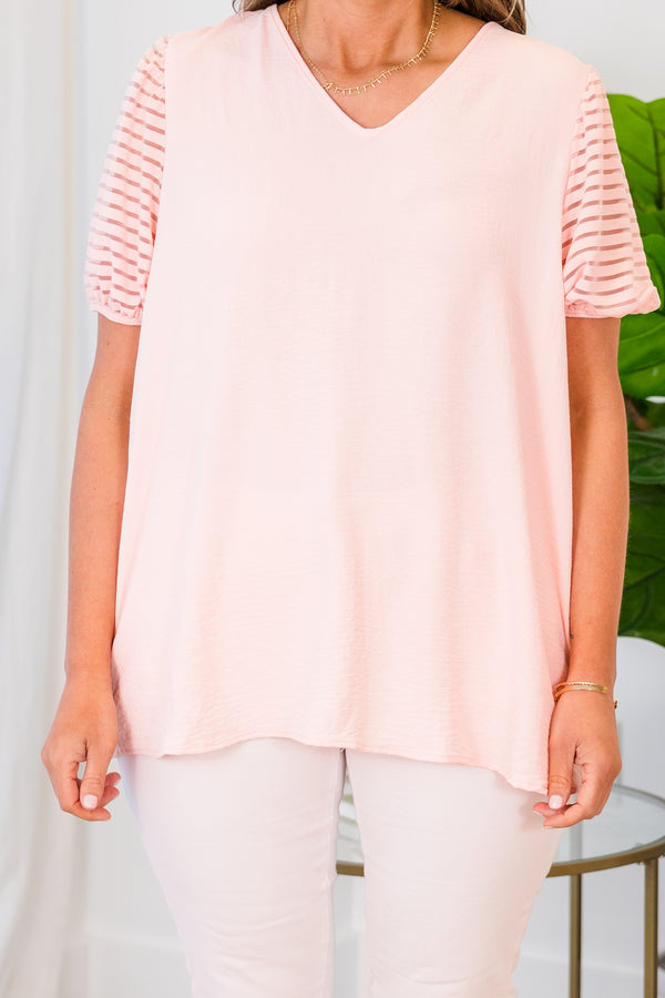 Chic Soul plus size clothing, blush short sleeve top with mesh stripe detail on short sleeves