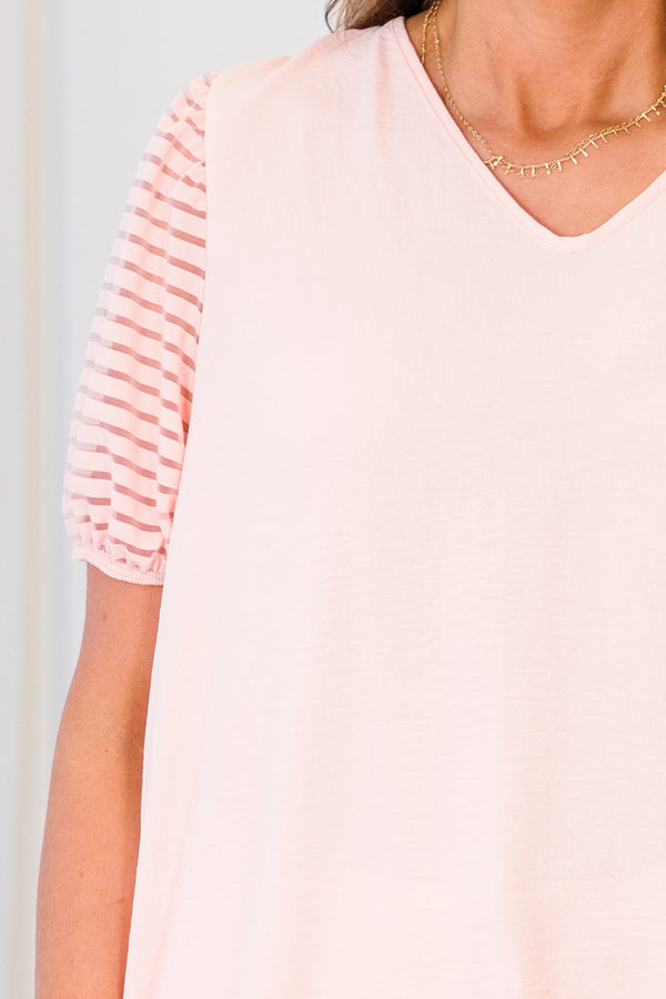 Chic Soul plus size clothing, blush short sleeve top with mesh stripe detail on short sleeves