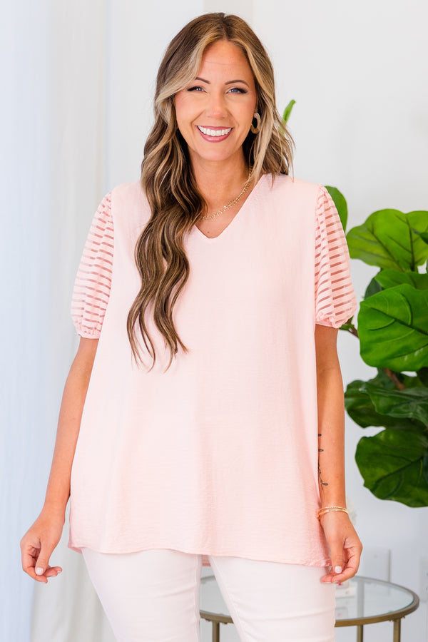 Chic Soul plus size clothing, blush short sleeve top with mesh stripe detail on short sleeves