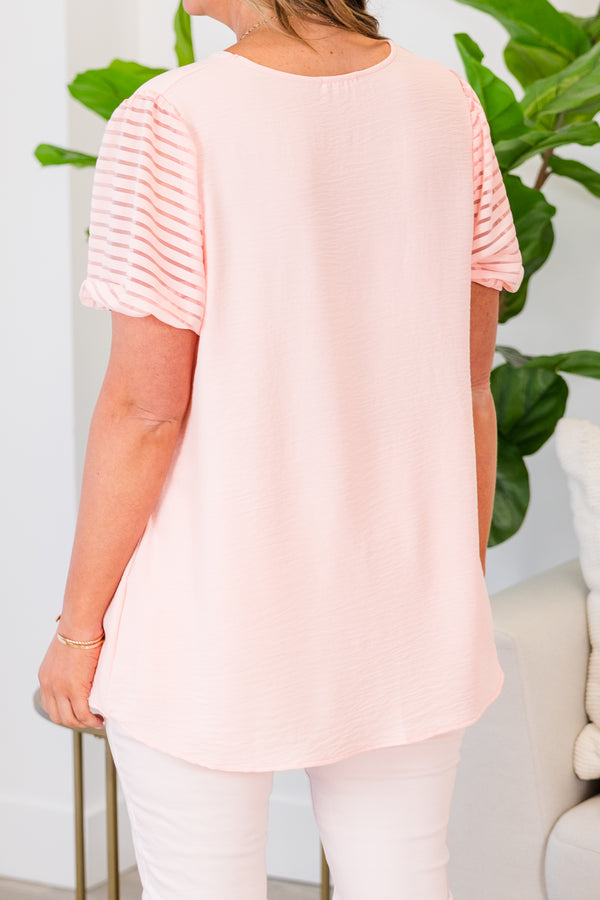 Chic Soul plus size clothing, blush short sleeve top with mesh stripe detail on short sleeves