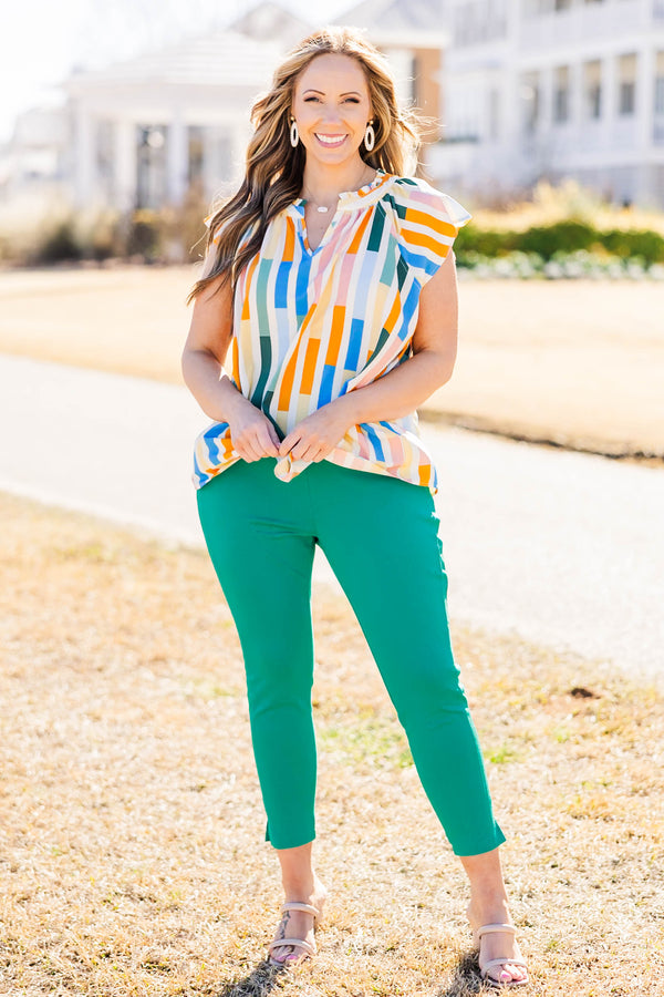 Chic Soul plus size clothing, kelly green skinny ankle length pants with split bottom on side