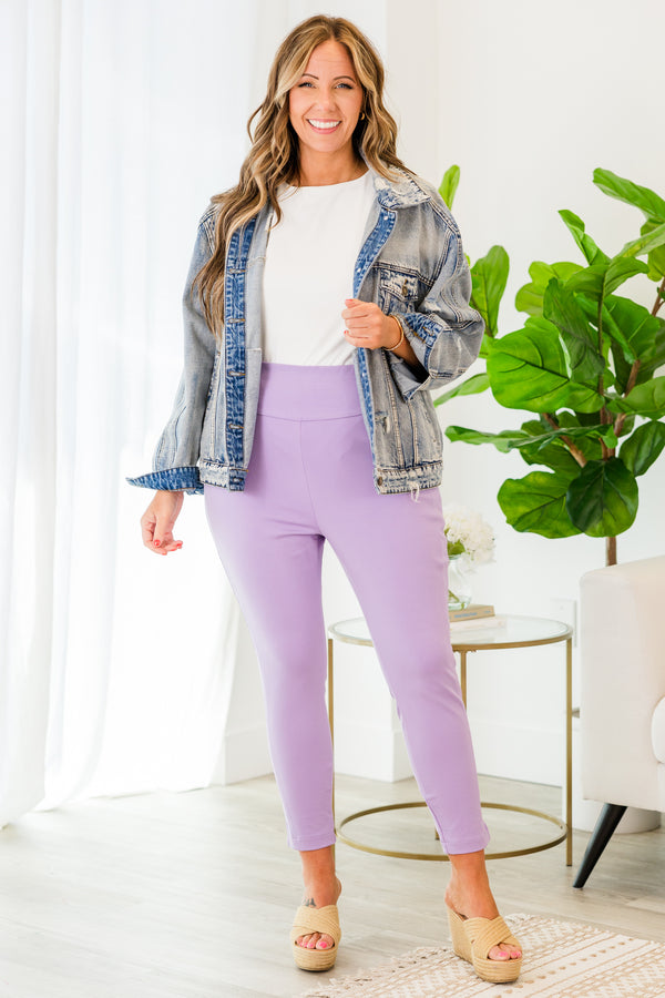 Chic Soul plus size clothing, lavender skinny pants with small cutout on ankle with thick waistband