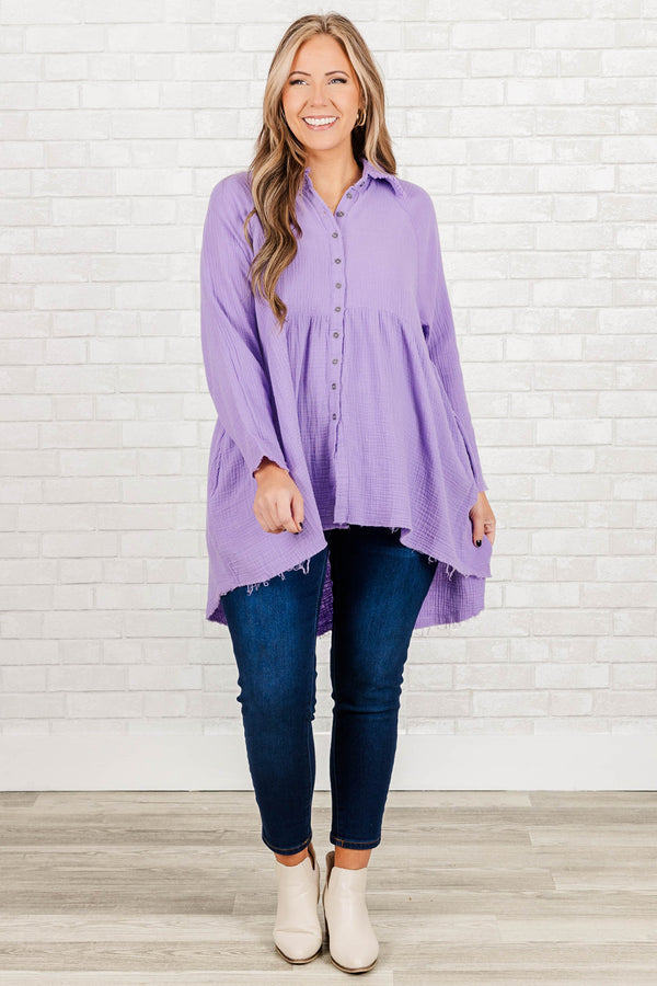 Chic Soul plus size clothing, lavender long sleeve babydoll button up top with collar