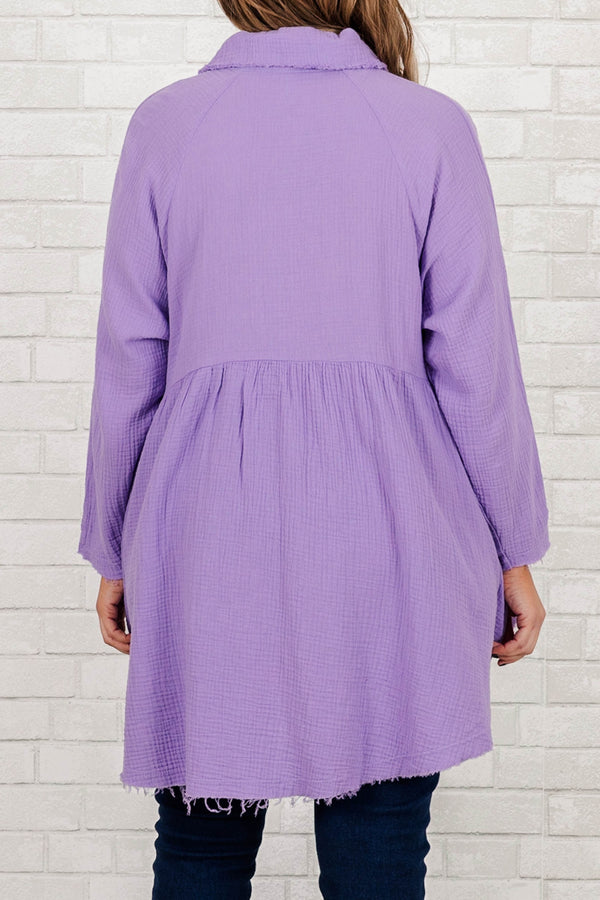 Chic Soul plus size clothing, lavender long sleeve babydoll button up top with collar