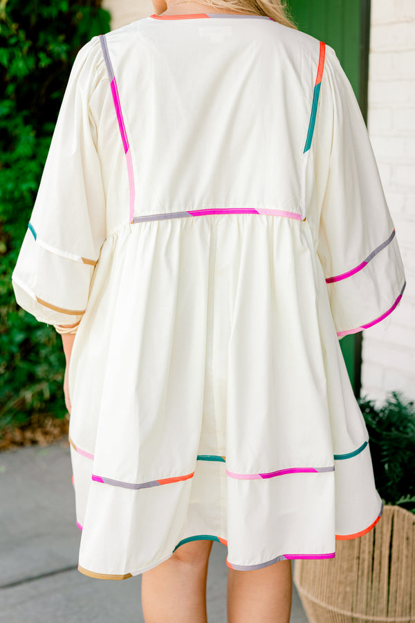 Chic Soul plus size clothing, cream three-quarter-puff sleeve string tie v-neck babydoll dress with colorful trim including pink and teal