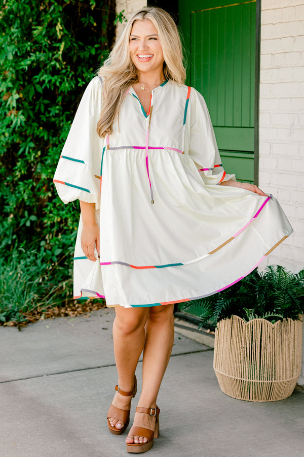 Chic Soul plus size clothing, cream three-quarter-puff sleeve string tie v-neck babydoll dress with colorful trim including pink and teal