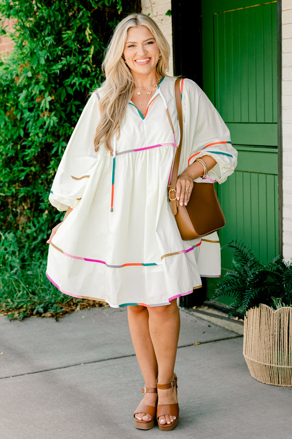Chic Soul plus size clothing, cream three-quarter-puff sleeve string tie v-neck babydoll dress with colorful trim including pink and teal