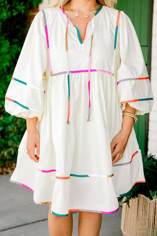 Chic Soul plus size clothing, cream three-quarter-puff sleeve string tie v-neck babydoll dress with colorful trim including pink and teal