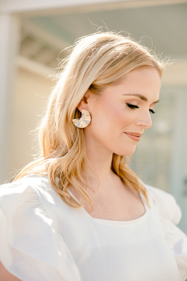 Chic Soul plus size clothing, gold 3/4 circle pendent earrings with pearl detail center