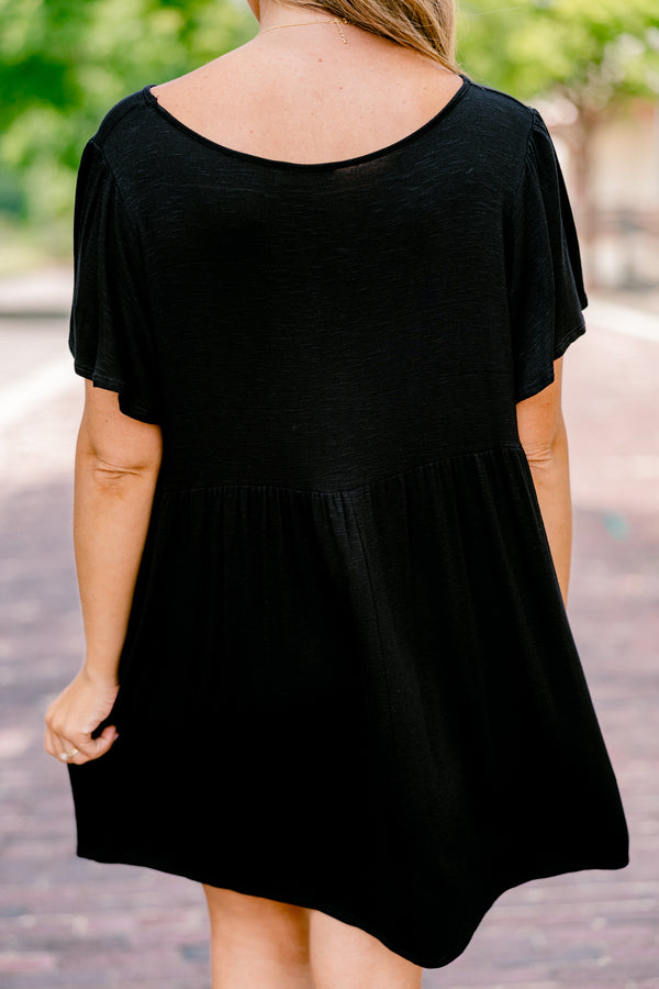 Chic Soul plus size clothing, solid black short-flutter sleeve shallow scoop neckline flowy mini dress