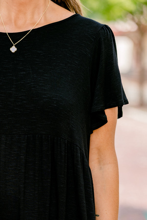Chic Soul plus size clothing, solid black short-flutter sleeve shallow scoop neckline flowy mini dress
