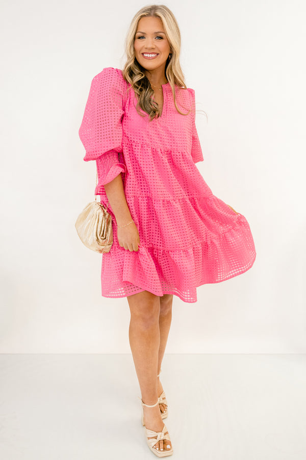 Chic Soul plus size clothing, pink short sleeve tiered baby doll dress with grid patterned sheer fabric