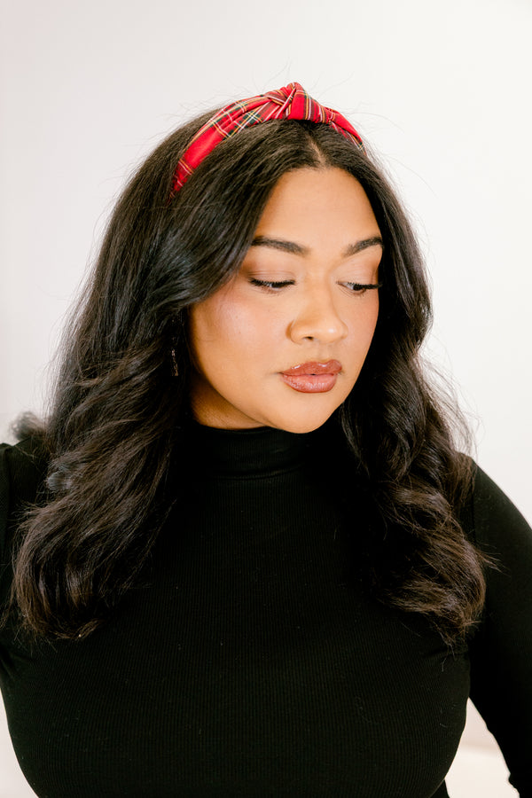 Chic Soul plus size clothing, red and white/yellow/green plaid pattern knotted headband