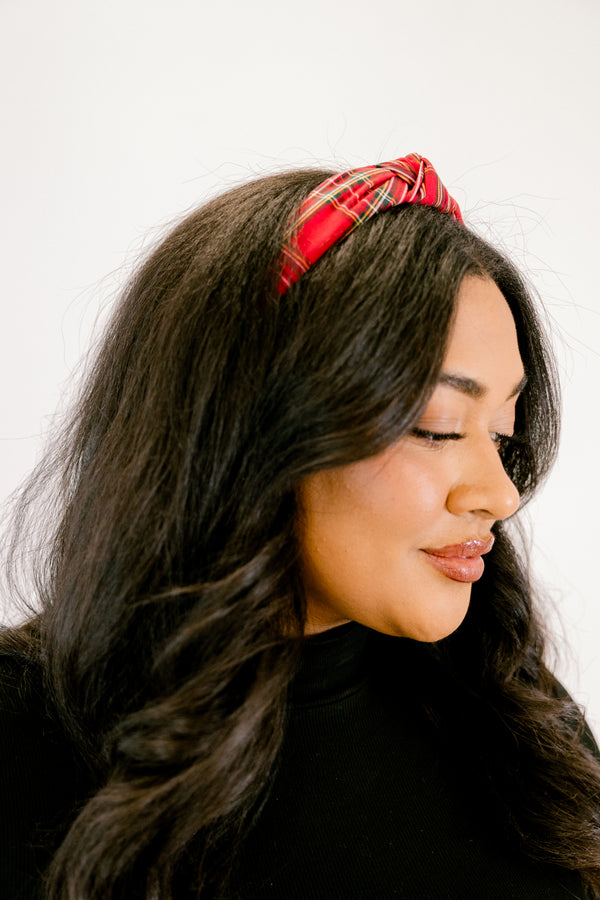 Chic Soul plus size clothing, red and white/yellow/green plaid pattern knotted headband