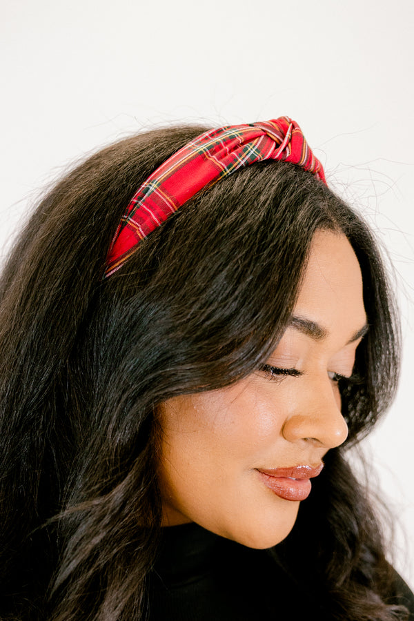 Chic Soul plus size clothing, red and white/yellow/green plaid pattern knotted headband