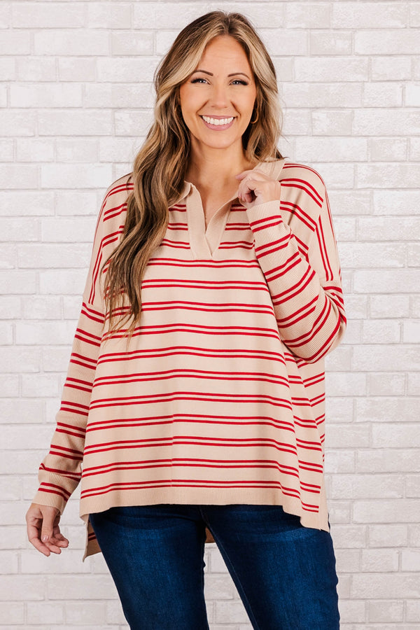 Chic Soul plus size clothing, taupe knit top with red striped and collar