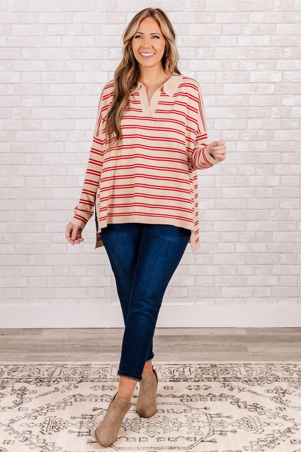 Chic Soul plus size clothing, taupe knit top with red striped and collar