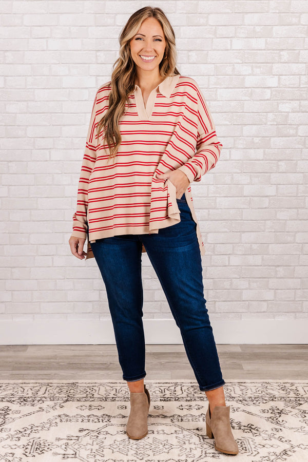 Chic Soul plus size clothing, taupe knit top with red striped and collar