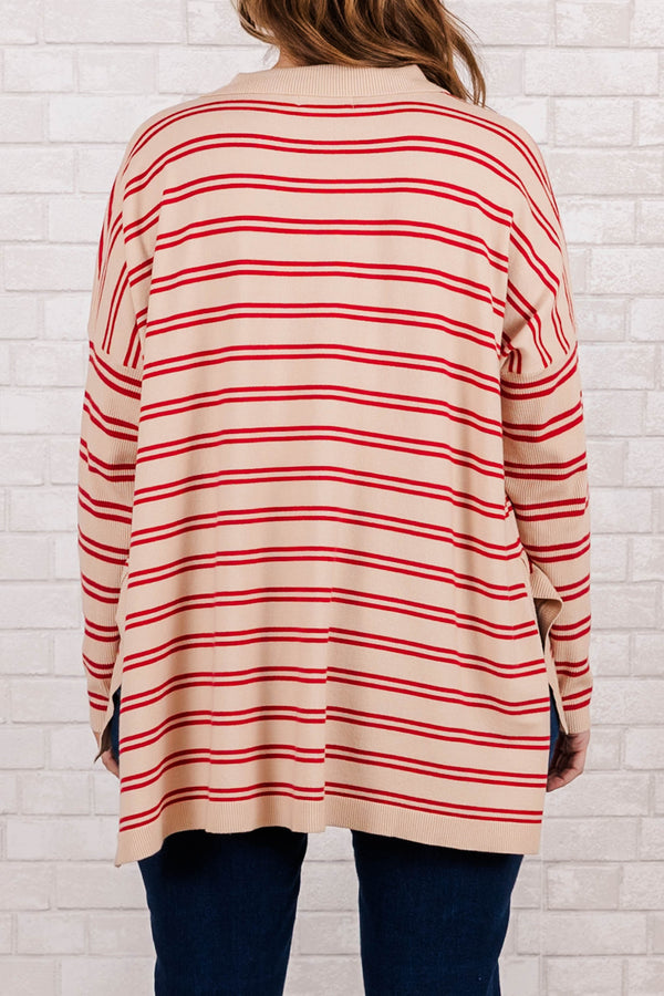 Chic Soul plus size clothing, taupe knit top with red striped and collar
