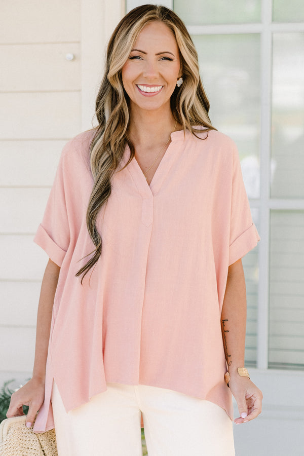 Chic soul plus size clothing, light rose silk short sleeve top with a slight v-neck 