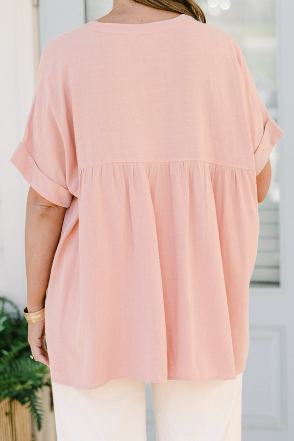 Chic soul plus size clothing, light rose silk short sleeve top with a slight v-neck 
