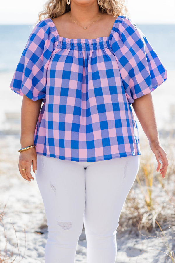 Chic Soul plus size clothing, blue-pink large gingham print short sleeve top with square neckline