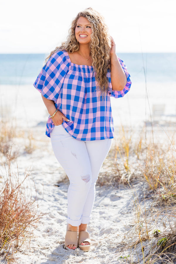 Chic Soul plus size clothing, blue-pink large gingham print short sleeve top with square neckline