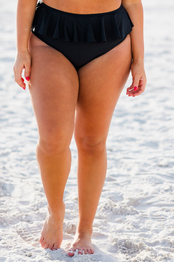 Chic Soul plus size clothing, black high waisted bottoms with ruffle along top waistband 