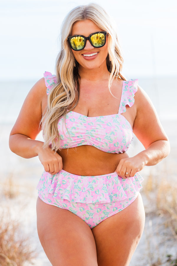 Chic Soul plus size clothing, pink floral print high waited swim bottoms with ruffle along waistband