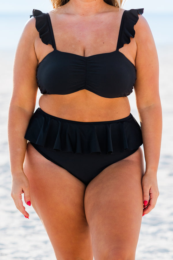 Chic Soul plus size clothing, black swim top with rushing in the center with ruffle strap sleeves