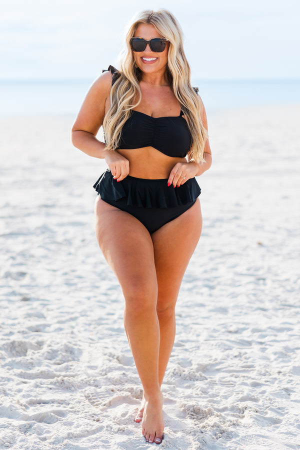 Chic Soul plus size clothing, black swim top with rushing in the center with ruffle strap sleeves