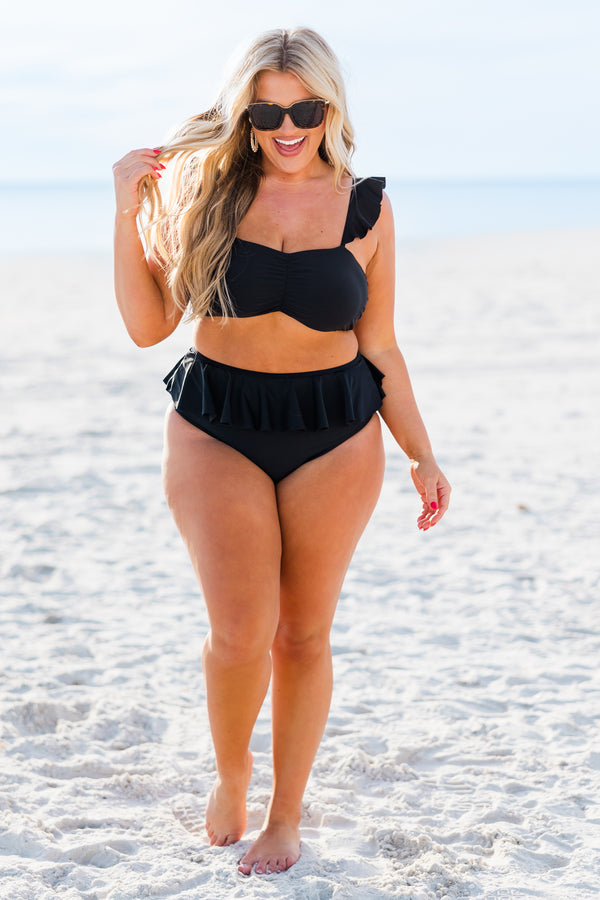 Chic Soul plus size clothing, black swim top with rushing in the center with ruffle strap sleeves