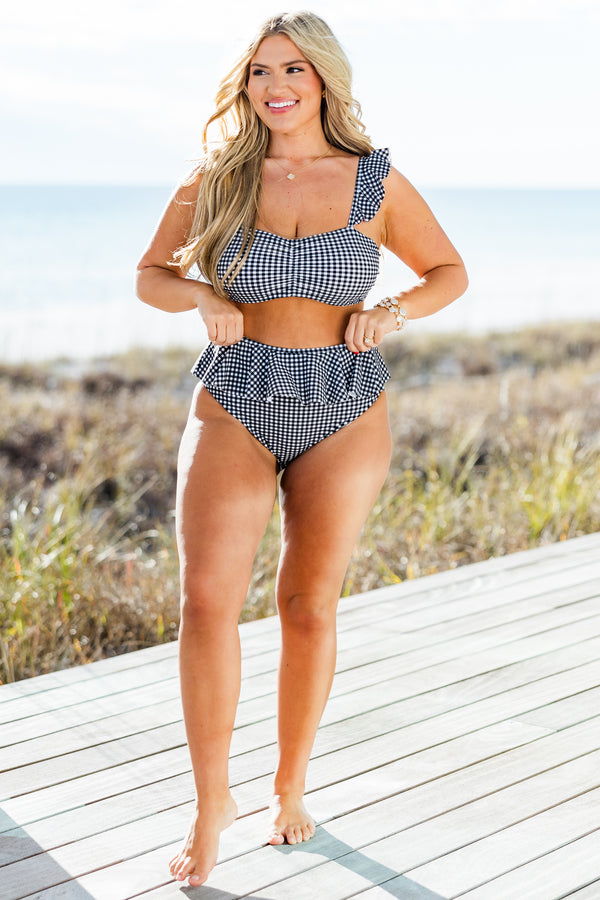 Chic Soul plus size clothing, black and white gingham print bikini bottoms with ruffle top edge