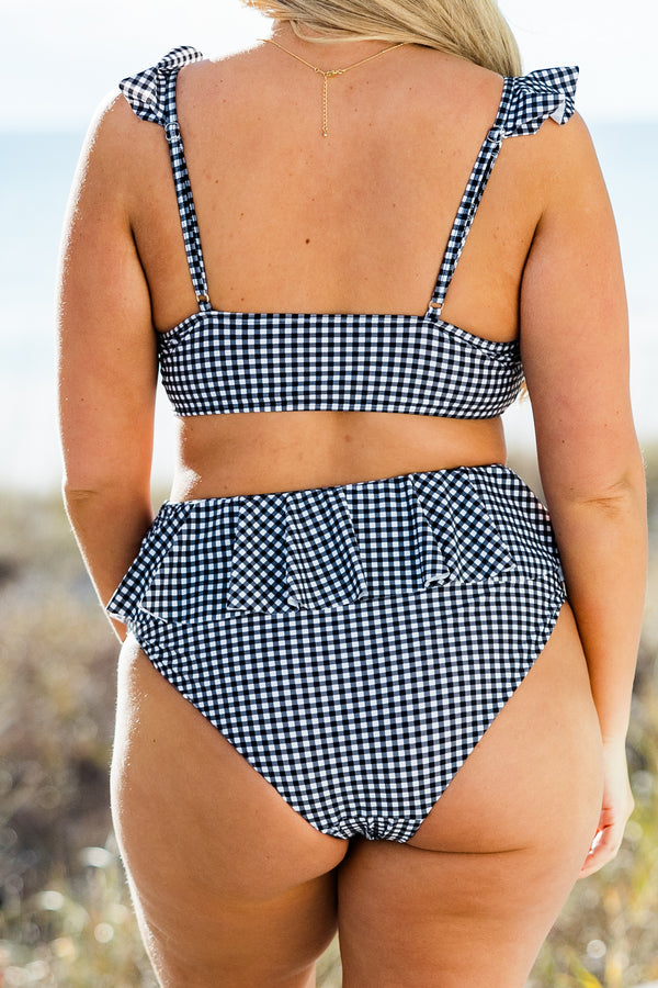 Chic Soul plus size clothing, black and white gingham print bikini bottoms with ruffle top edge