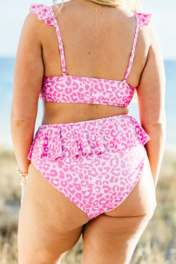 Chic soul plus size clothing, light pink swim bottoms with a hot pink leopard pattern and a ruffle around the waistband