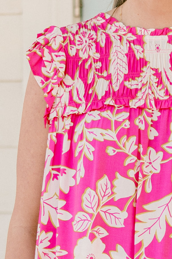 Chic Soul plus size clothing, short-flutter-sleeve pink mix top with an ivory and yellow floral pattern