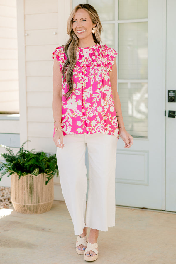 Chic Soul plus size clothing, short-flutter-sleeve pink mix top with an ivory and yellow floral pattern