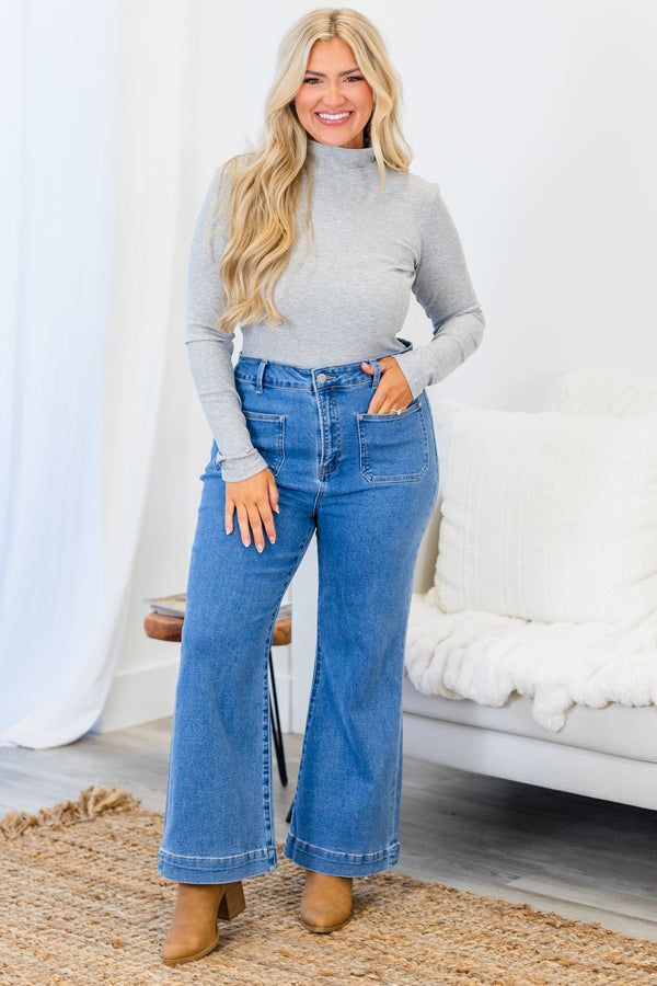 Chic Soul plus size clothing, gray slim-fitting long-sleeve bodysuit with ribbed material and turtle mock-neckline 