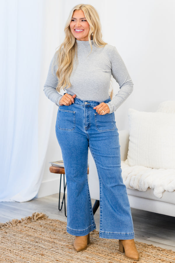 Chic Soul plus size clothing, gray slim-fitting long-sleeve bodysuit with ribbed material and turtle mock-neckline 