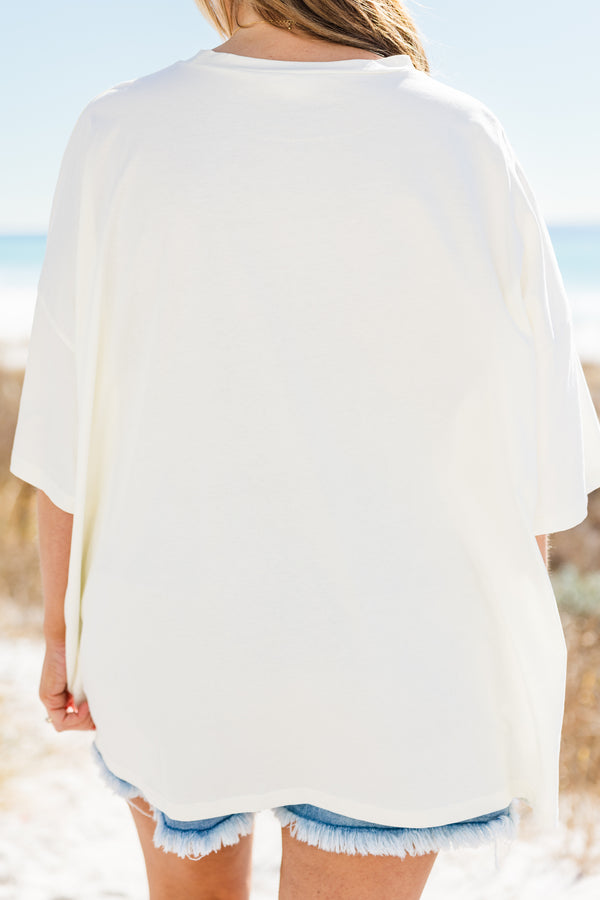 Plus Size ivory oversized boyfriend tee with watercolor summer icons and pink bows.