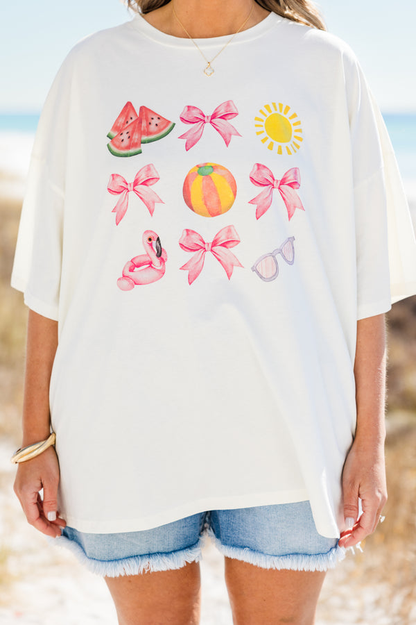 Plus Size ivory oversized boyfriend tee with watercolor summer icons and pink bows.