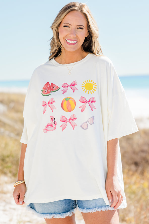Plus Size ivory oversized boyfriend tee with watercolor summer icons and pink bows.