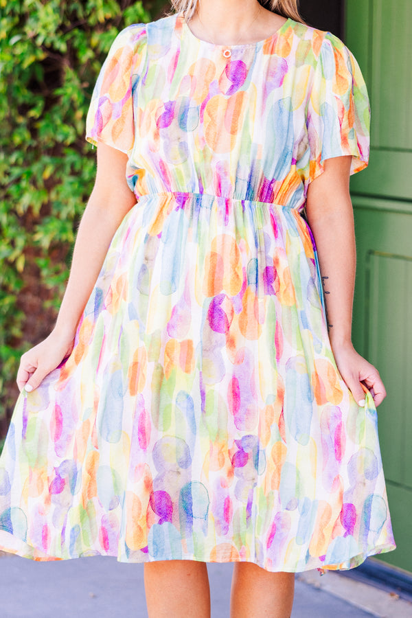 Chic Soul plus size clothing, short-sleeve orange combo flowy dress with smocked waistline and watercolor spotted pattern