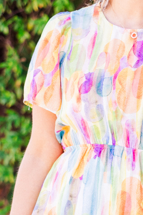 Chic Soul plus size clothing, short-sleeve orange combo flowy dress with smocked waistline and watercolor spotted pattern